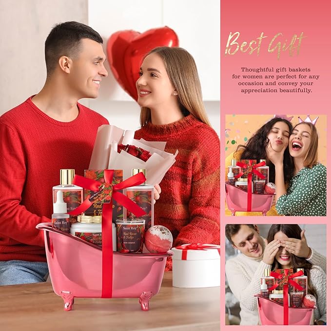 Christmas Gifts for Women, spa kit Gifts for Her Mother's Day Bath Spa Gift Set Red Rose & Tulip Spa Basket Kits for Women, Contains Body Oil, Body Lotion, Salt, self care baskets Mother's Day Gift
