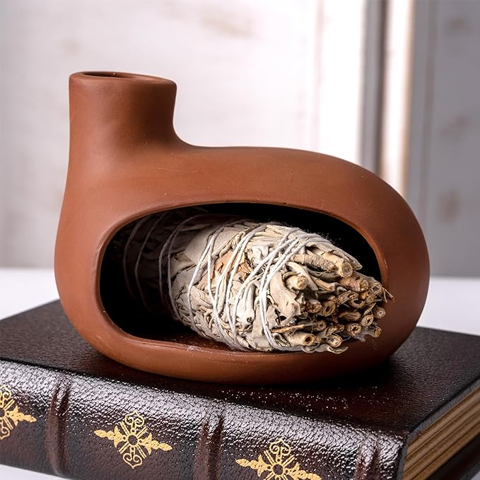 Terracotta Palo Santo Holder - Modern Chiminea Incense Burner for Yoga, Meditation, and Energy Cleansing - Wood Sticks Dish, Sage Ash Catcher, Smudge Bowl, Cone Burner - Unique Meditation Gift