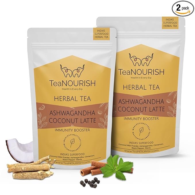 TeaNOURISH Ashwagandha Coconut Latte | CAFFEINE-FREE Herbal Tea | Indian Superfoods Ashwagandha & Coconut | Relieves Stress and Supports Immunity - 3.53oz/100g (Pack of 2)