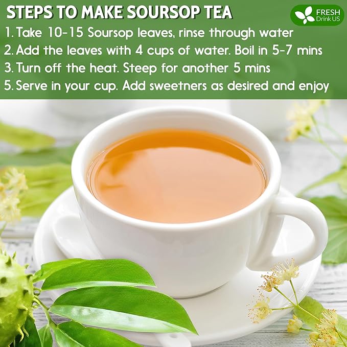 FreshDrinkUS, 330-350 Premium Soursop Dried Leaves Tea, 115 Cups, Hojas De Guanabana Whole Leaves, Wildcrafted, Graviola, Soursop, Guanabana Tea, Loose Leaf Herbal Tea, Gluten/Sugar/Caffeine Free