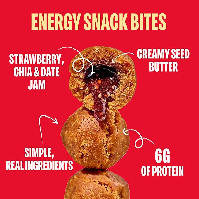 Smash Foods Strawberry Energy Bites | 5 Gluten-Free Vegan Snack Balls with No Sugar Added | 6g Protein, Superfood Jam, Chia Seeds | On-the-Go Convenience | Sunflower Butter & Strawberry | 8 Packs