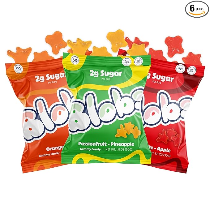 Blobs Gummy Candy - 2g Sugar Healthy Gummies - Low Net Carb & Low Calorie - No Sugar Alcohols, Vegan, Gluten Free, No Dyes - Variety Snack Pack for Kids & Adults (Pack of 6)