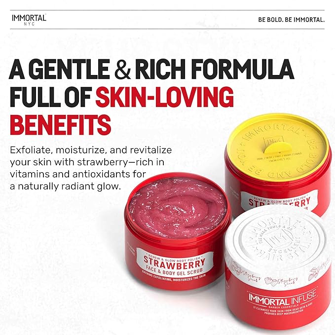 Immortal NYC Strawberry Crush Face & Body Scrub Mask Gel- Moisturizing and Exfoliating Body, Face, Hand, Foot Scrub - Fights Acne, Fine Lines & Wrinkles, Great Gifts For Women & Men - 10 oz