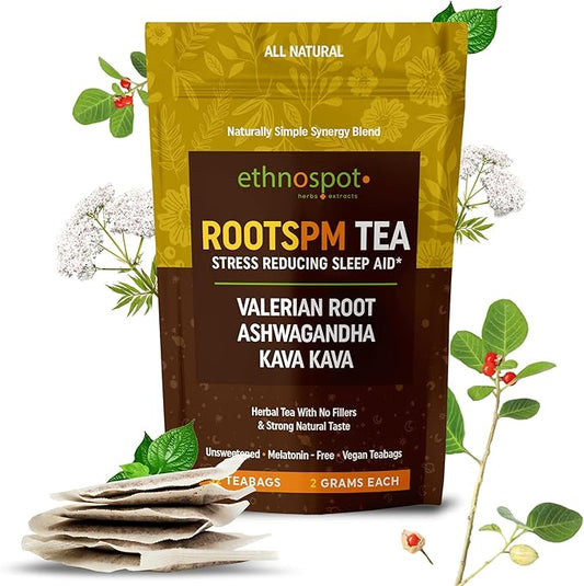 RootsPM Sleep Teabags - Herbal Blend of Valerian Root, Ashwagandha & Kava Kava, Natural Relaxation Tea for Restful Nights, Unsweetened & Vegan, 100% Natural Ingredients - 2 Gram Teabags - 32 Teabags