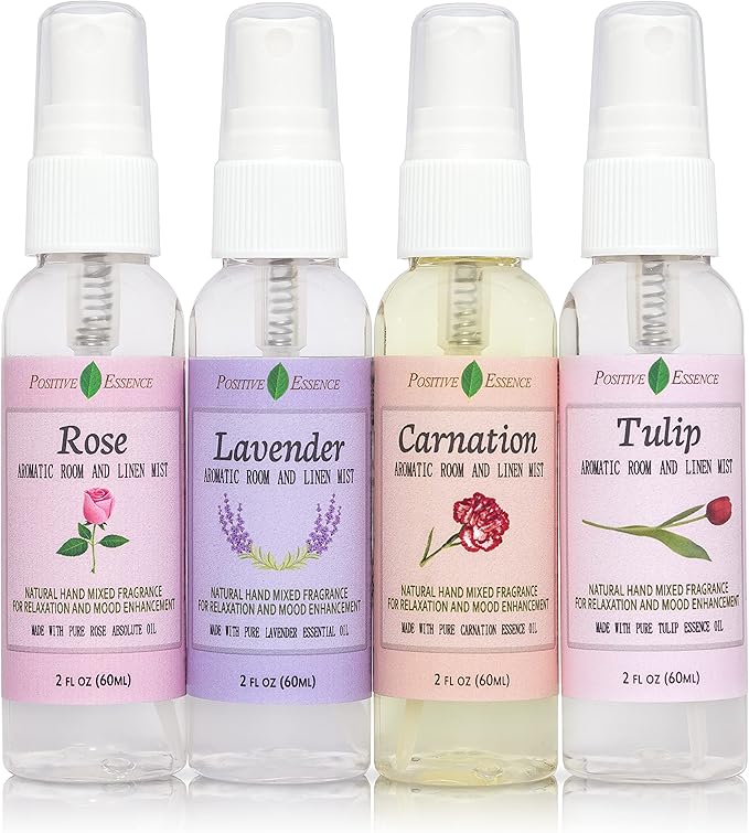 Linen and Room Spray Floral Gift Set, 4-Pack 60 mL (Lavender, Carnation, Rose, & Tulip) Natural Pillow Sprays Made with Pure Essential Oils & Minimal Ingredients, Bathroom Spray or Room Mist