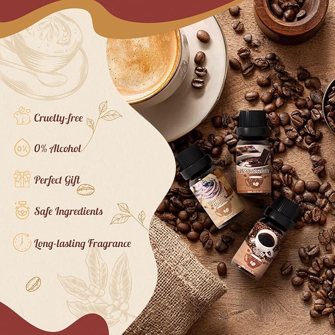 Coffee Fragrance Oil Set, Premium Essential Oils for Diffusers for Home, Blueberry Muffin, Café Mocha, Hot Chocolate, Coffee and More, Candle Scents for Candle Making, DIY Soaps, Aromatherapy