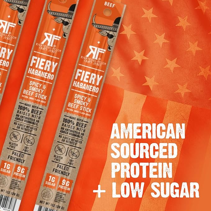 Righteous Felon Meat Sticks | 100% Beef Sticks | Gluten Free & Keto Meat Sticks | Low Sugar & High Protein Beef Sticks | Healthy Snack for Adults | Jerky Gifts for Men | Fiery Habanero, 10 Pack