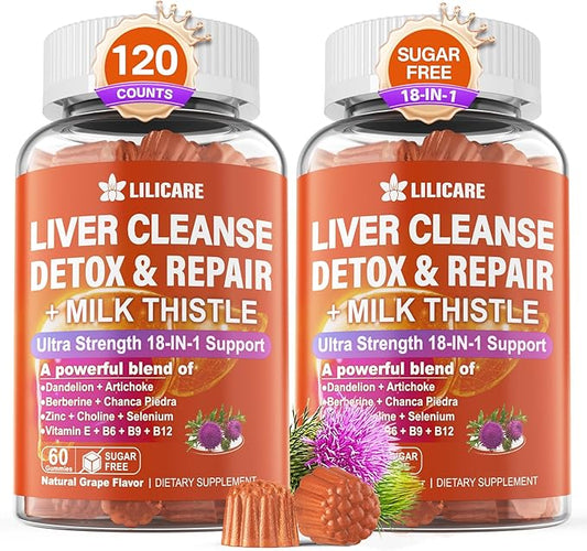 Milk Thistle Liver Detox Gummies, 18-IN-1 Liver Cleanse Detox & Repair Supplement with Berberine, Chicory Root, Turmeric, Artichoke, Dandelion Root, Chanca Piedra, Vitamins B6 B12-Sugar Free,Pack of 2