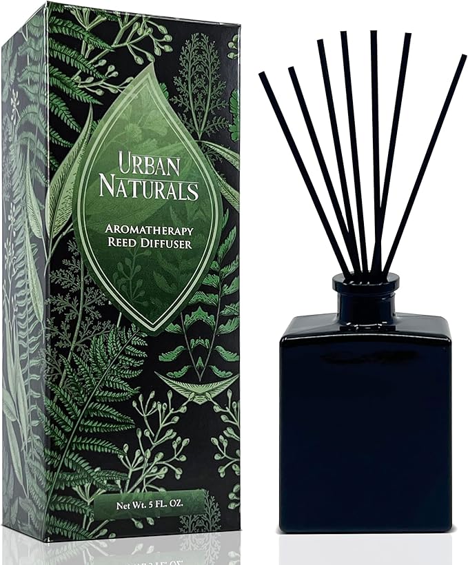 Urban Naturals Balsam Forest Reed Diffuser Oil Set – Fraser Fir, Evergreen, Pine, Woodsy Cedar and Sandalwood – 5 Ounce Sleek Black Rectangular Refillable Glass Bottle – Made in The USA