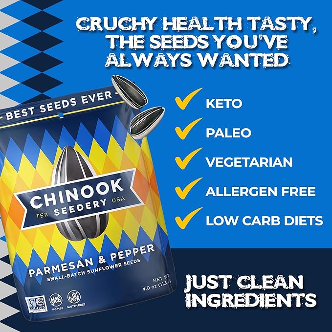 Chinook Seedery Roasted Sunflower Seeds - Jumbo Seeds Keto Snacks - Best For Snack Packs - Gluten Free, Non GMO Snack Food Gifts - 4 Ounce (Pack of 3) - Parmesan & Pepper Flavor Pack