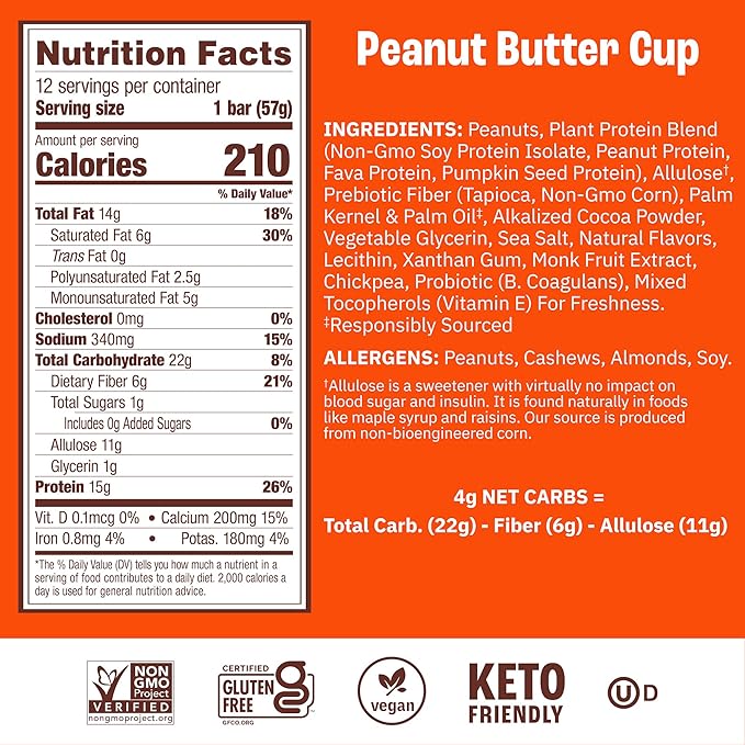 Munk Pack 15g Probiotic Keto Protein Bars - Low Sugar, High Protein -1g Sugar, 4g Net Carbs. Vegan + Plant Based Gut Health. Low Carb Healthy Snack Bar. Peanut Butter Cup- 12 Count