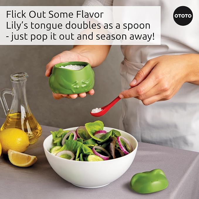 OTOTO NEW Lily Salt Cellar with Lid and Spoon - 6 oz Frog Salt Containers for Countertop, Ceramic Salt Holder with Lid for Sugar, Frog Stuff, White Elephant Gifts, Cute Gifts Accessories - Green