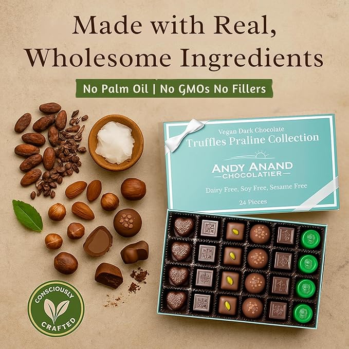 Andy Anand Luxury Vegan Dark Chocolate Gluten Free Truffles Praline Collection (24 Pieces), Dairy Free, Soy Free, Sesame Free, Allergy Friendly, Delicious Decadent Belgian Truffles