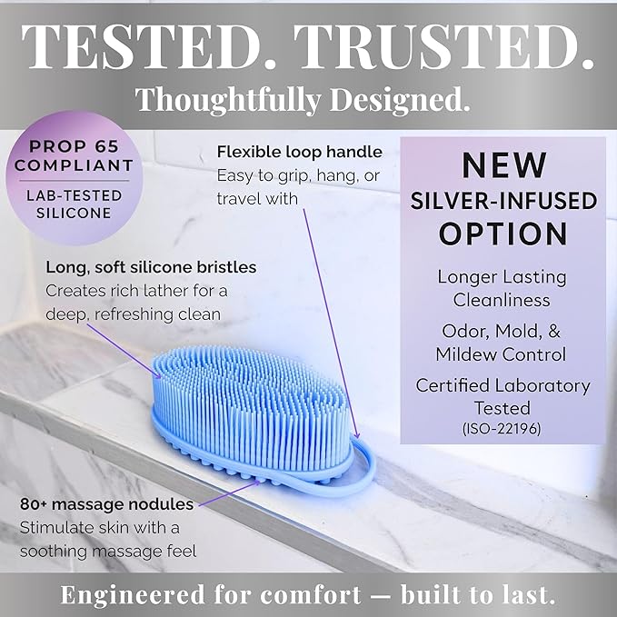 Avilana Silicone Body Scrubber - Food Grade & Lab Tested, Gentle Exfoliating Shower Brush for All Skin Types, Hygienic Quick-Dry Loofah Alternative (Green, Massage-Silver)