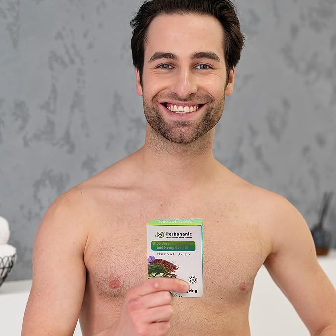 HERBOGANIC Aloe Vera, Flaxseed and Hemp seed oil Herbal Soap | Pack of 6 of 5oz soap Bar | Ideal for Men and Women, Soothing and Nourishing Soap for Moisturization