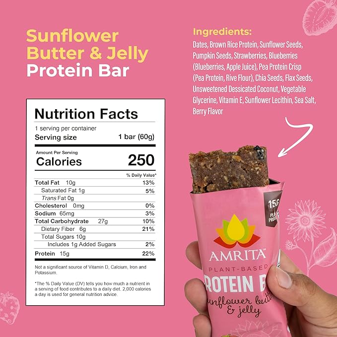 Amrita Nut Free Sunflower Butter & Jelly Vegan Protein Bars ( 12 CT PK of 3 ) | 11g Plant-Based Protein Bar | Peanut Free, Gluten Free, and Dairy Free | Low Sugar, High Fiber, Healthy School-Safe Snacks