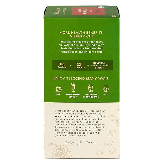Teeccino Maca Chocolaté Herbal Tea - Adaptogenic Peruvian Maca, Cacao, Chicory, Prebiotic, Caffeine Free, Acid Free, Coffee Alternative, 25 Tea Bags (25 Count (3 Pack))