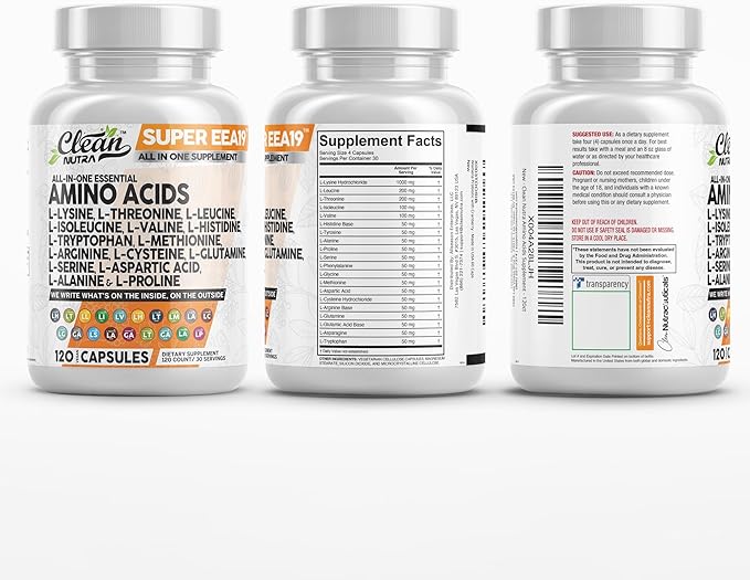 Clean Nutraceuticals Amino Acids Supplement L-Lysine, L-Threonine, L-Leucine, Isoleucine, Valine, L-Histidine, L-Tryptophan, L-Methionine, L-Arginine, L-Cysteine, L-Glutamine, L-Serine, Aspartic Acid