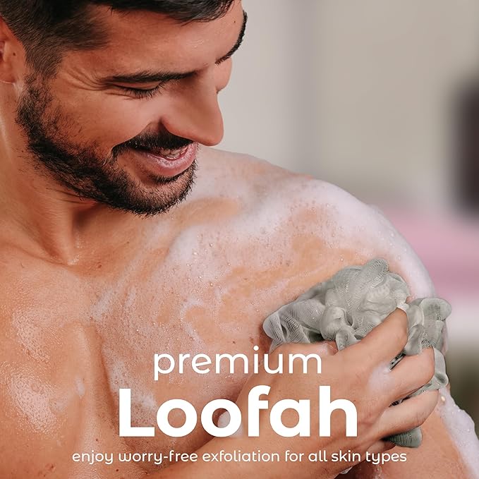 MainBasics Bath Shower Loofah Sponge Pouf Body Scrubber Exfoliator Body Wash Sponge (Set of 3, Totally Taupe)