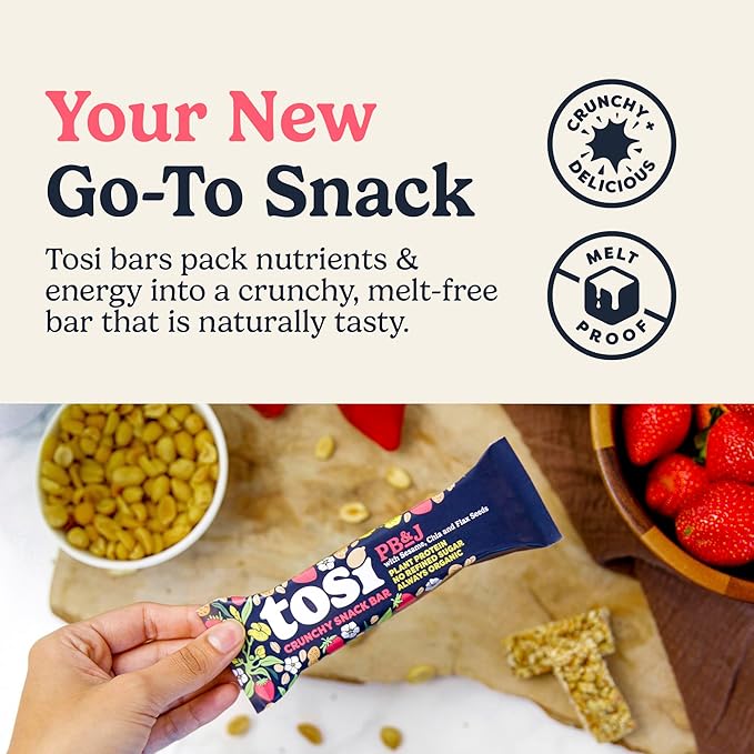 Tosi Peanut Butter & Jelly Protein Bars, Plant Based with Nuts, Gluten-Free Crunchy Snacks, Vegan, Organic, Flax & Chia Seeds, Soy-Free, Omega 3s, 7G Protein, 1 oz, 12-Pack