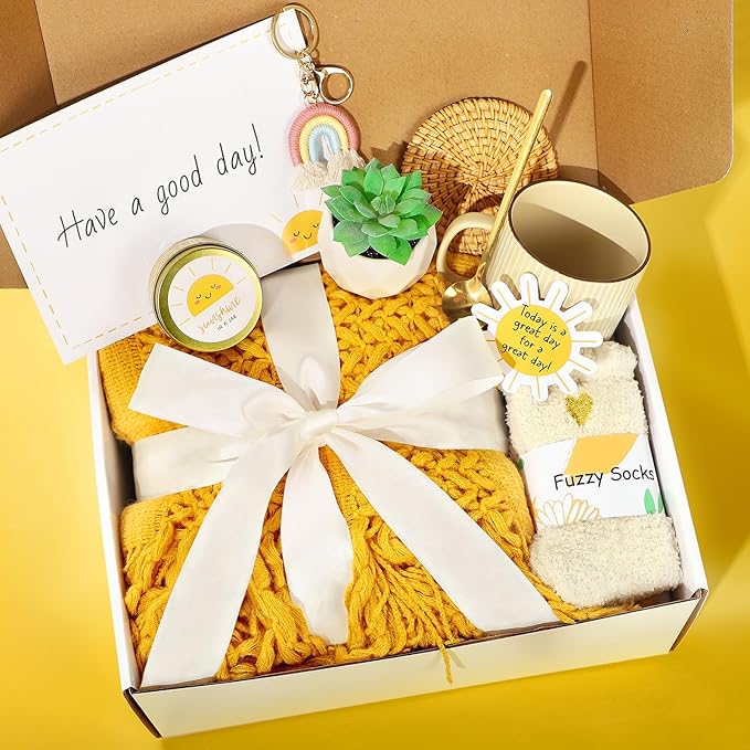 Sending Sunshine Care Package for Women, Birthday Gifts for Woman, Self Care Gift Baskets, Sunflower Gifts for Women, Get Well Soon Encouragement Gift for Her Sister Best Friend (Yellow)