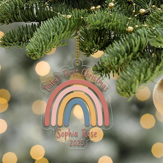 Personalized Rainbow Baby's First Christmas Ornament, Christmas Decor, Baby Coming Next Year Ornament, New Baby Arriving 2025 Acrylic Ornament – Personalized Christmas Tree