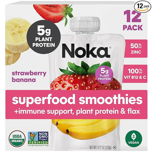 Noka Organic Superfood Fruit Smoothie Pouches, Strawberry Banana with Immune Support, Healthy Snacks with Elderberry, Vitamin C, Flax Seed and Plant Protein, Gluten Free, Vegan, 4.22 oz (12 Pack)