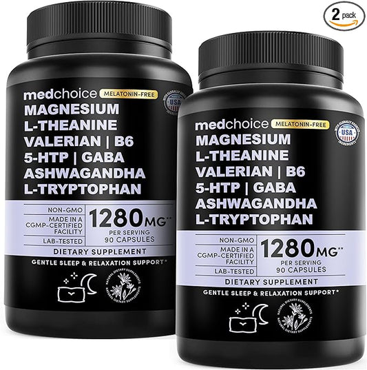 12-in-1 Sleep Support Capsules - Melatonin-Free, Non-Habit Forming Sleep Supplement with a Balanced Blend of Magnesium, Ashwagandha, L-Tryptophan, Valerian Root, GABA, 5-HTP (90 Capsules, Pack of 2)