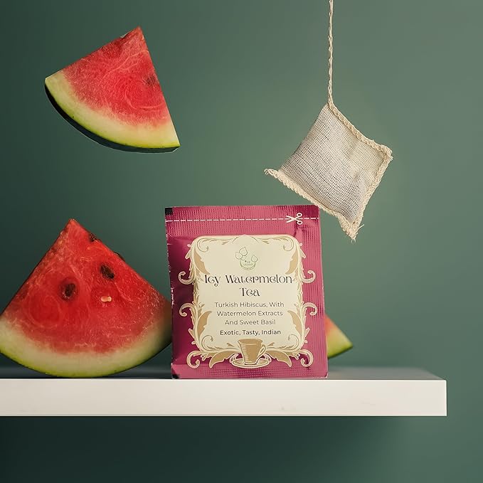 THE VEDAS Icy Watermelon Tea | Herbal Tea with Hibiscus & Sweet Basil - Caffeine Free Herbal Tea - Enjoy Hot or Iced | Biodegradable Cotton Teabags | 20 Tea Bags (Pack of 1)