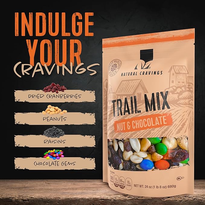 Natural Cravings 24oz Trail Mix Bulk Family Size Bag - Nuts & Chocolate Dried Fruit Mix & Nuts Mix with Peanuts, Dried Cranberries, Raisins, Chocolate Gems - Gourmet Trailmix for School or Office
