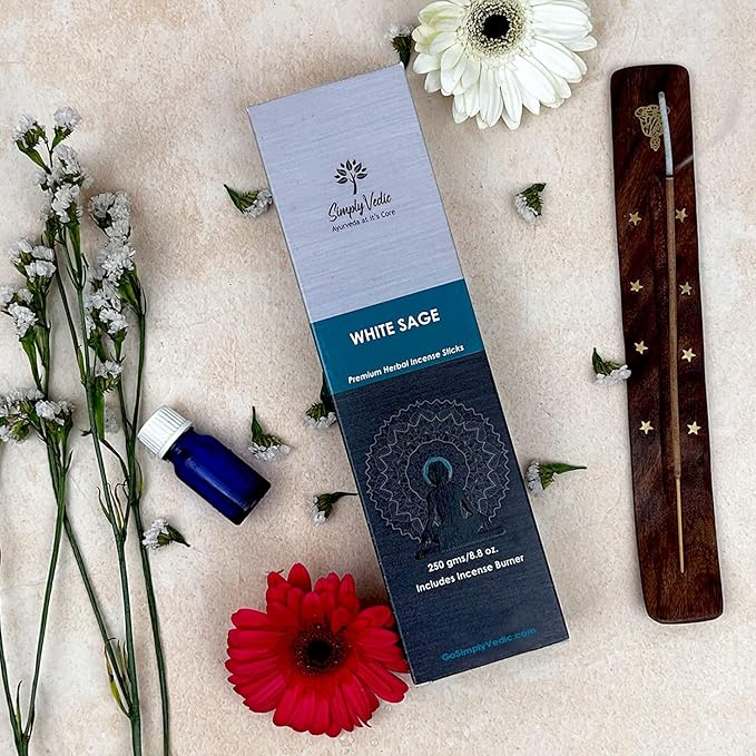 Simply Vedic White Sage Incense Sticks 250g (135 Sticks + Holder), Natural, Long Lasting, Aromatherapy, Meditation, Yoga, Spiritual Healing