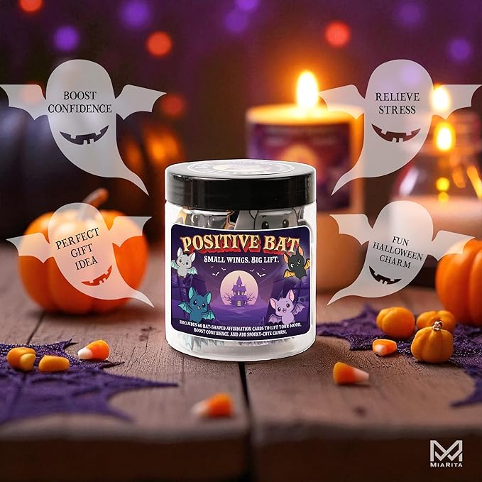 Positive Bat Jar, 60 Bat-Shaped Affirmation Cards, Cute Spooky Self Care, for Women & Teens, Halloween Basket Stuffers for Adults, Boo Basket Stuffers for Women