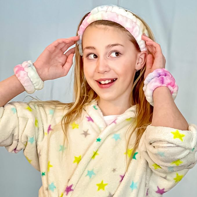 FROG SAC Spa Headband and Wristbands for Face Washing, Fuzzy Skincare Make Up Headbands Set for Women, Soft Puffy Makeup Skin Care Facewashing Hair Band Accessories for Girls (Rainbow Tie Dye)