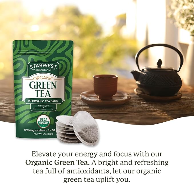 Starwest Botanicals Organic Green Tea - Caffeinated Herbal Tea, Contains Caffeine, Tea with Antioxidant Properties, USDA Organic Green Tea Leaf, Non GMO - 20 Tea Bags