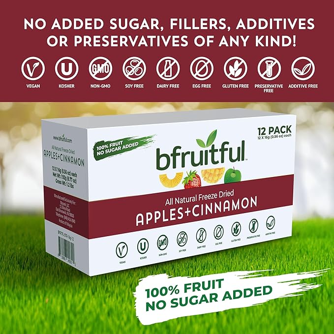 bfruitful Freeze-Dried Apple + Cinnamon, Freeze Dried Fresh Fruit Bites, Gluten Free, Vegan, Dairy Free, Kosher, No Sugar Added, Non GMO, Healthy Snacks, 0.56 oz Single-Serve Snack Packets, 12 Pack