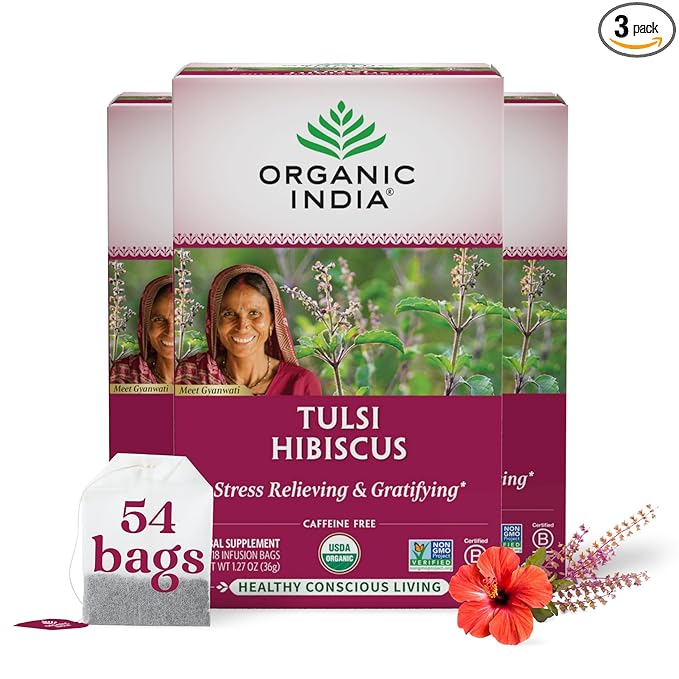 ORGANIC INDIA Tulsi Hibiscus Tea Bags - Holy Basil Herbal Tea, Stress Relieving, Calming, Immune Support, USDA Organic, Caffeine Free -18 Bags, 3 Pack
