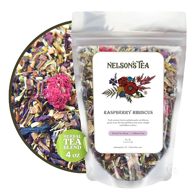 Nelson's Tea Raspberry Hibiscus Tea - Caffeine Free, Cut & Sifted Green Rooibos, Honeybush, Dried Raspberries, Acai, and Pomegranate Loose Leaf (4 oz)