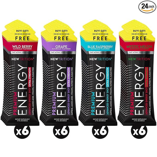 NewTrition® Extra Strength Energy Shots, 250mg Caffeine Energy Shots with Vitamin B & Amino Acids, Sugar-Free Vitamin Energy Shot, 1.7 fl oz (Pack of 24, 4 Flavors - Mixed 1)