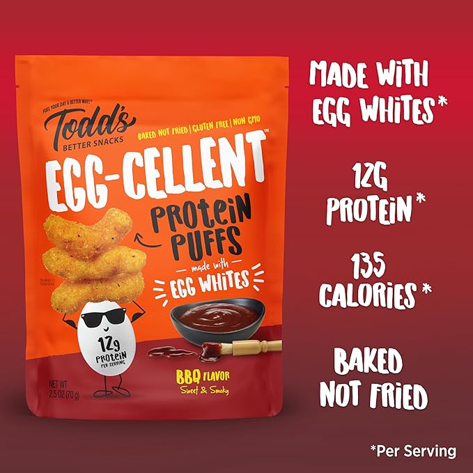 Todd's Better Snacks Egg-Cellent Protein Puffs, Sweet & Smoky BBQ – 12g Protein, Gluten-Free, Paleo-Friendly, Baked, GLP-1 Compliant – Healthy Snack, Made with Egg Whites – 2.5 Oz (Pack of 4)