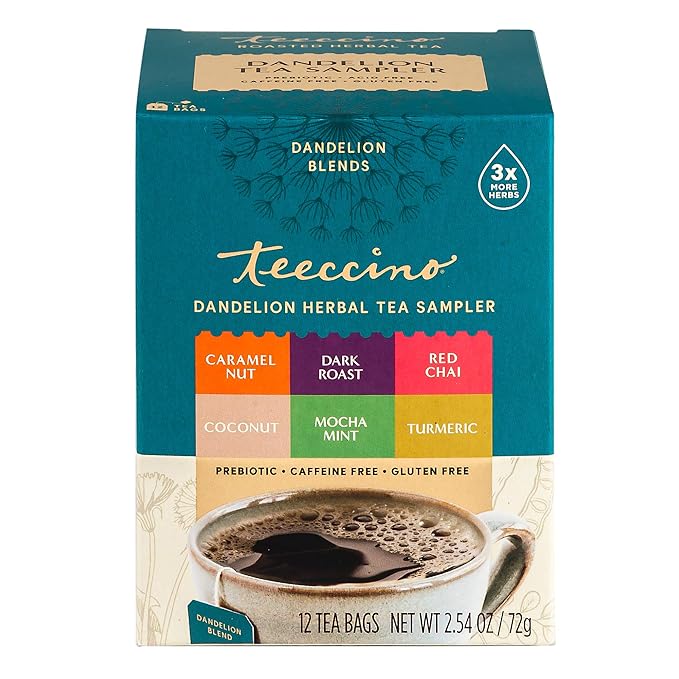 Teeccino Dandelion Tea Sampler - Caramel Nut, Coconut, Dark Roast, Mocha Mint, Red Chai, Turmeric - Roasted Herbal Tea, Caffeine Free & Prebiotic with Detoxifying Dandelion - 12 Tea Bags
