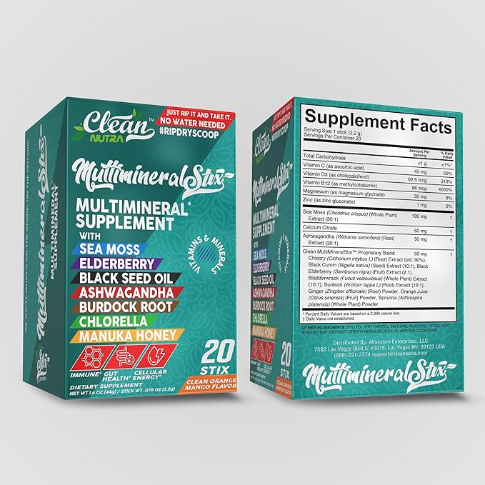Sea Moss Powder Elderberry Ashwagandha Chlorella Manuka Honey VitaminD3 Vitamin C Zinc Spirulina Iodine Greens Detox Immune Support Sugar Free Hydration Powder Drink Mix – 20 Sticks