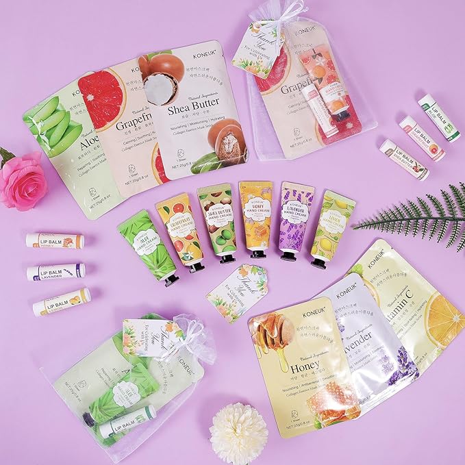 60 Pack Bulk Lip Balm, Facial Mask and Hand Cream Sets, Stocking Stuffers for Women, Christmas Gifts and Bridesmaid Gifts for Guests, Birthday Gifts, Adult Party Favors and Small Gifts for Women