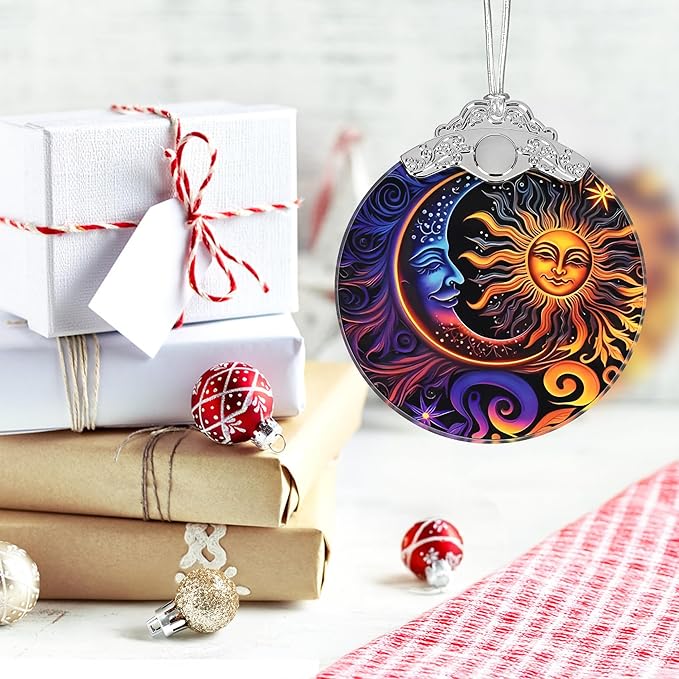 Christmas Ornament, 2025 Ornaments for Christmas Tree, Stained Glass Hanging Ornament, Holiday Ornaments, Unique Gift Idea - Moon Sun
