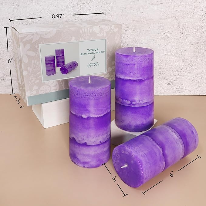 3" x 6" Handmade Pillar Candles Lavender Scented Purple Decorative Candles Long-Lasting Burn Air Clean Lavender Candles for Home Fragrance Rustic Room Centerpieces Wedding Decor,Set of 3