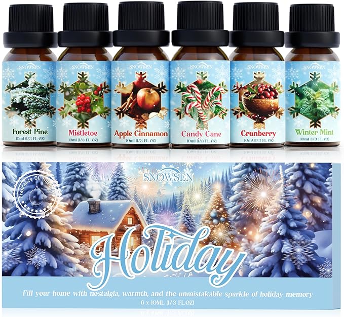 Holiday Fragrance Oil Set, Winter Essential Oils for Diffuser, Apple Cinnamon, Forest Pine, Candy Cane, Winter Mint, Cranberry, Mistletoe, Diffuser Oils Gift Set for Aromatherapy