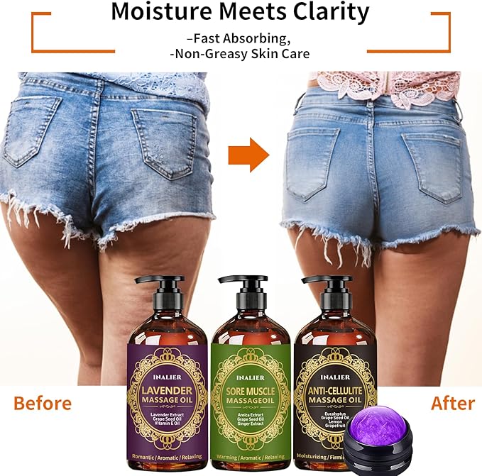 Massage Oils for Massage Therapy,Massage Kit Gifts for Women Men with Arnica, Lavender,Spa Gifts,3 Pack Cellulite,Sore Muscle & Lavender Massage Oils with Massage Ball