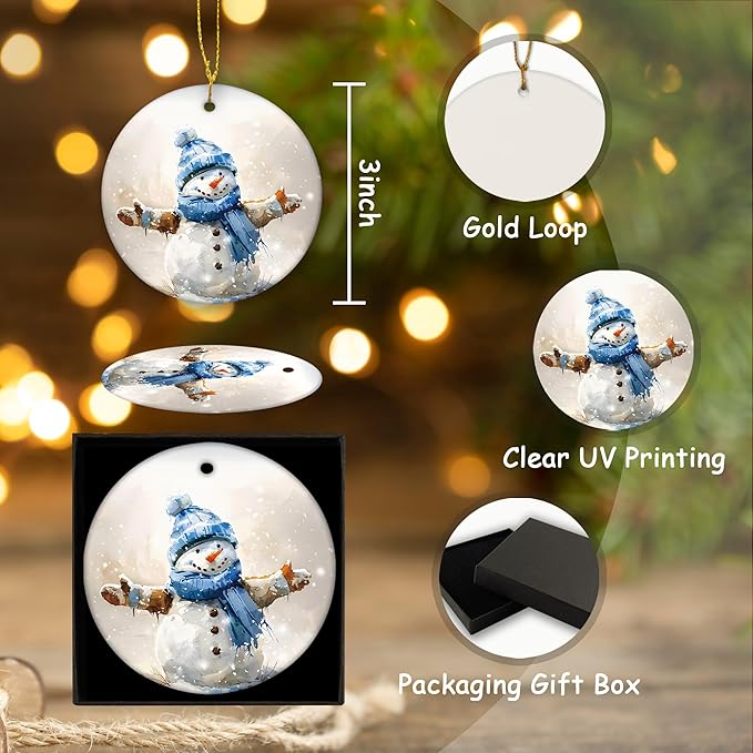Christmas Snowman Ceramic Ornament Gifts, Winter Christmas Blue Snowman Decorative Hanging Ornaments for Xmas Tree Holiday Party Decoration, Winter Xmas Tree Decorations