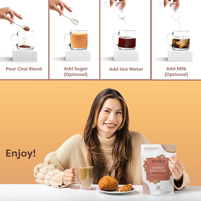 Waka Dirty Chai - Instant Coffee and Tea Powder Mix, Sugar Free, Pure Leaves from India With Arabica Coffee and Natural Spices, Unsweetened (4.5oz Pouch, 40 Servings)