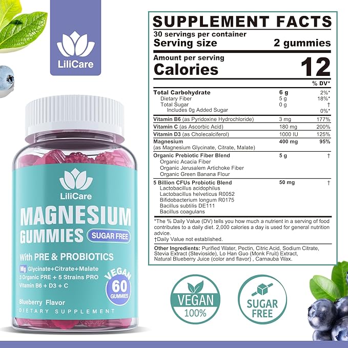 Magnesium Complex Gummies 400 mg for Women Men, Triple Calm Magnesium Glycinate Malate Citrate w/Prebiotics & Probiotics, Vitamin B6 D3, Chelated Magnesium Supplement Gummy - Vegan, Sugar Free, 120Ct