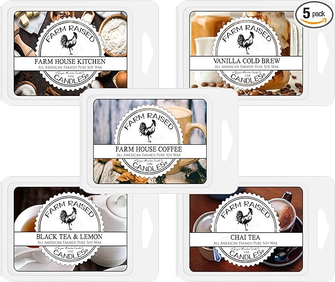 Farm Raised Candles Coffee Wax Melt 16 Ounces Variety Pack (5 Scents) – Hand-Poured 100% Soy Wax Melts – Chai • Farmhouse Coffee • Cold Brew • Black Tea – Fresh from The Farm Soy Melts